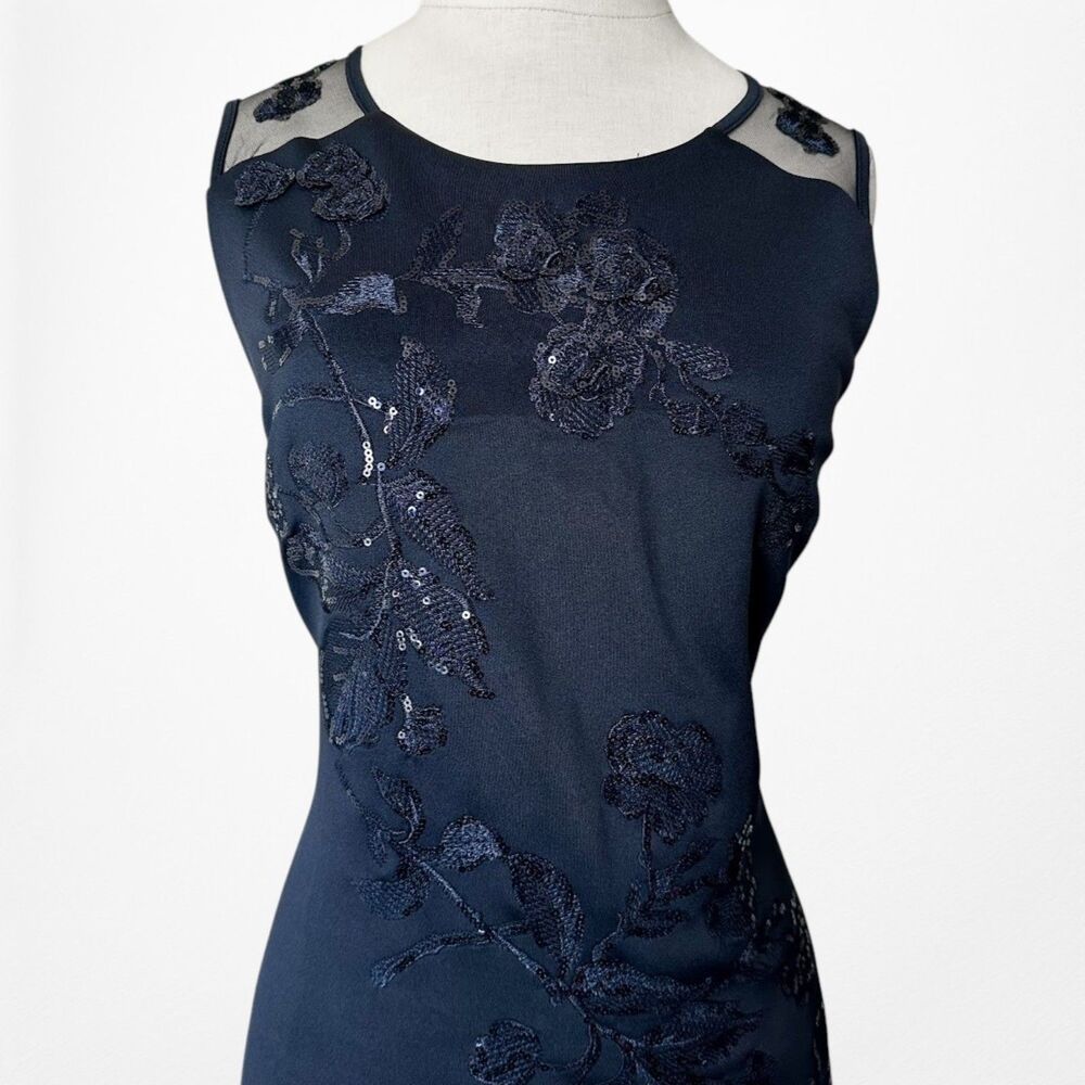 Vintage Y2K Tahari Navy Blue Bodycon Floral Mesh Sequin Cocktail Dress Size M - Picture 7 of 11